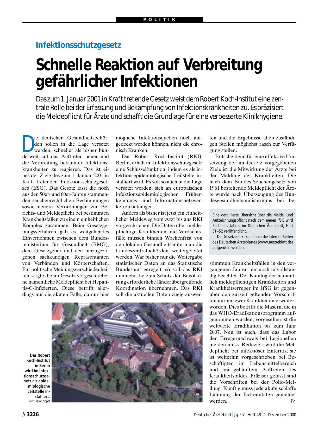 Vorschauseite 1: Infektionsschutzgesetz: Schnelle Reaktion auf Verbreitung gefährlicher Infektionen