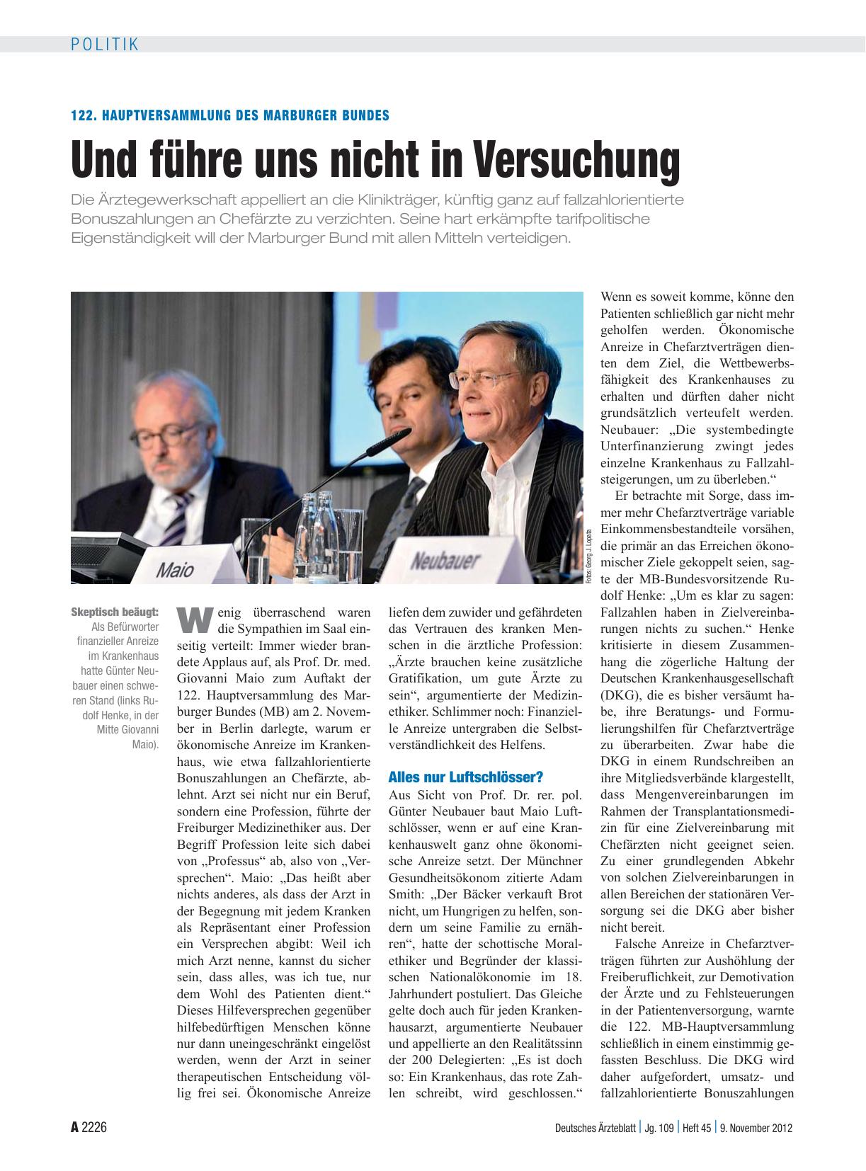 Vorschauseite 1: 122. Hauptversammlung des Marburger Bundes: Und führe uns nicht in Versuchung