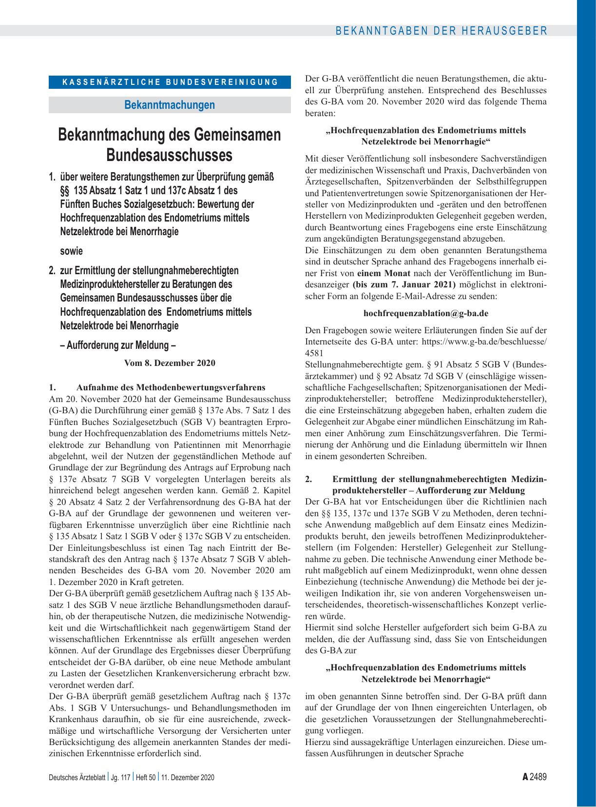 Vorschauseite 1: Bekanntmachung des Gemeinsamen Bundesausschusses 1. über weitere Beratungsthemen zur Überprüfung gemäß §§ 135 Absatz 1 Satz 1 und 137c Absatz 1 des Fünften Buches Sozialgesetzbuch…