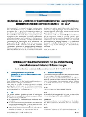 Vorschauseite 1: Neufassung der „Richtlinie der Bundesärztekammer zur Qualitätssicherung laboratoriumsmedizinischer Untersuchungen – Rili-BÄK“ – Richtlinie der Bundesärztekammer zur Qualitätssiche…