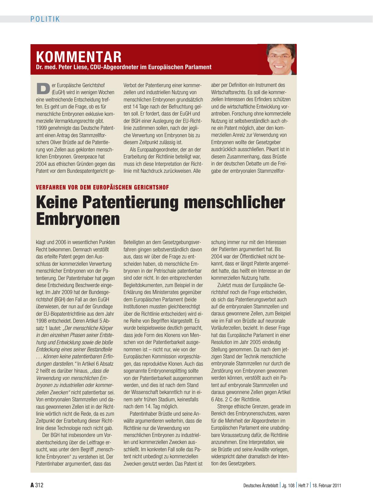 Vorschauseite 1: Verfahren vor dem Europäischen Gerichtshof: Keine Patentierung menschlicher Embryonen