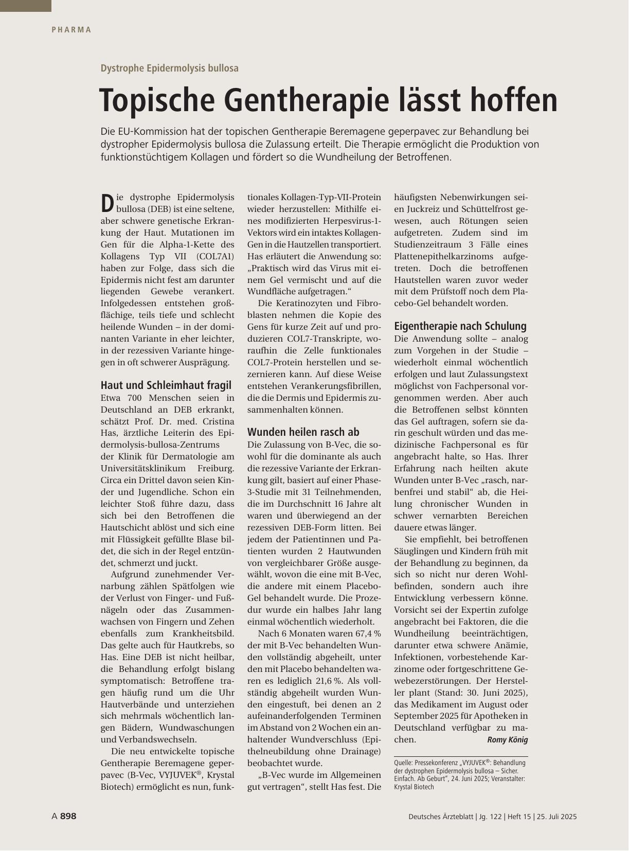 Vorschauseite 1: Dystrophe Epidermolysis bullosa: Topische Gentherapie lässt hoffen