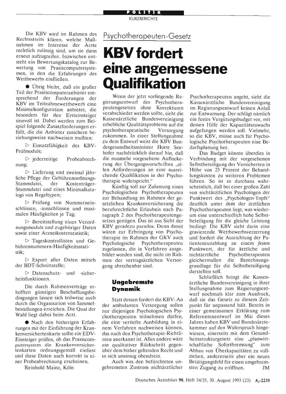 Vorschauseite 1: Psychotherapeuten-Gesetz: KBV fordert eine angemessene Qualifikation