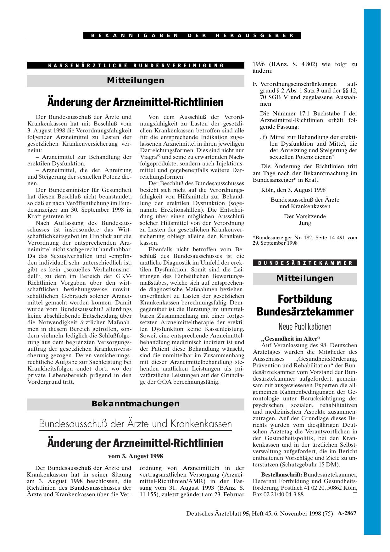 Vorschauseite 1: Bundesausschuß der Ärzte und Krankenkassen: Änderung der Arzneimittel-Richtlinien vom 3. August 1998