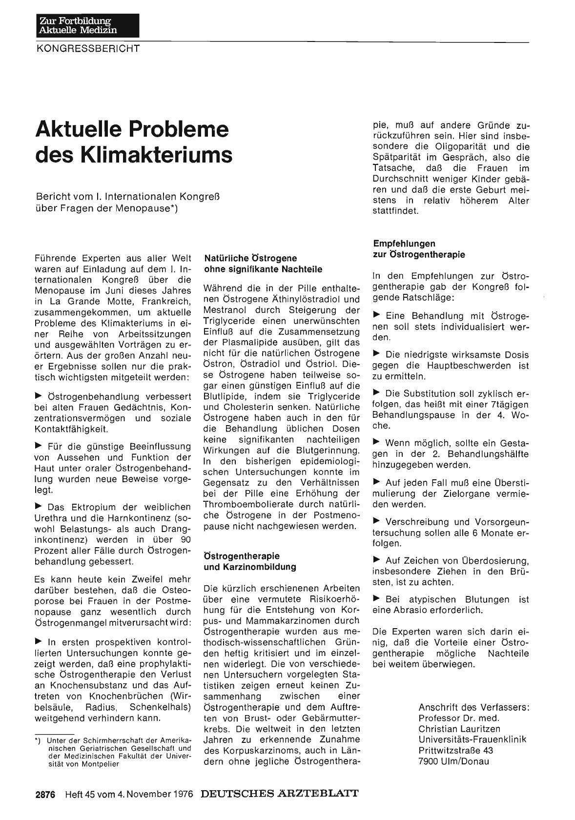 Vorschauseite 1: Aktuelle Probleme des Klimakteriums: Bericht vom I. Internationalen Kongreß über Fragen der Menopause