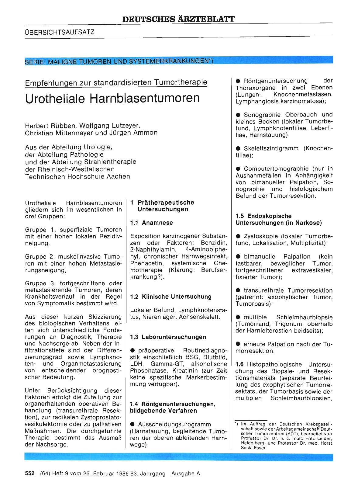 Vorschauseite 1: Empfehlungen zur standardisierten Tumortherapie: Urotheliale Harnblasentumoren