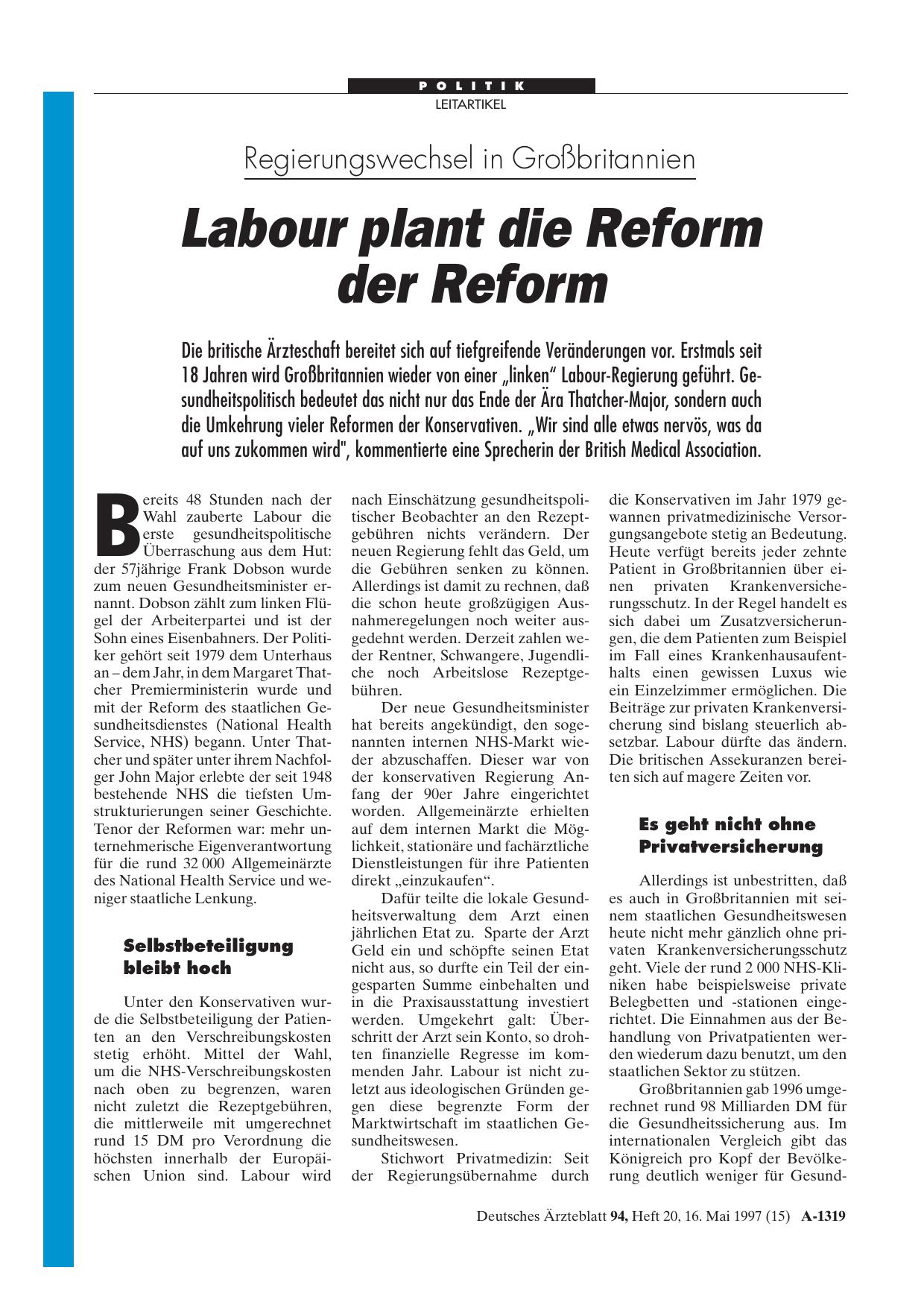 Vorschauseite 1: Regierungswechsel in Großbritannien: Labour plant die Reform der Reform