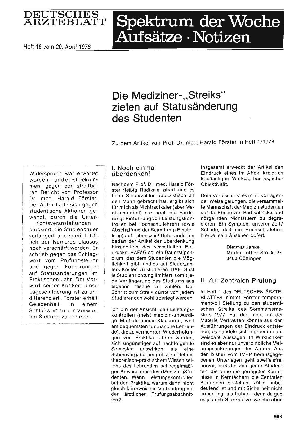 Vorschauseite 1: Die Mediziner-„Streiks“ zielen auf Statusänderung des Studenten