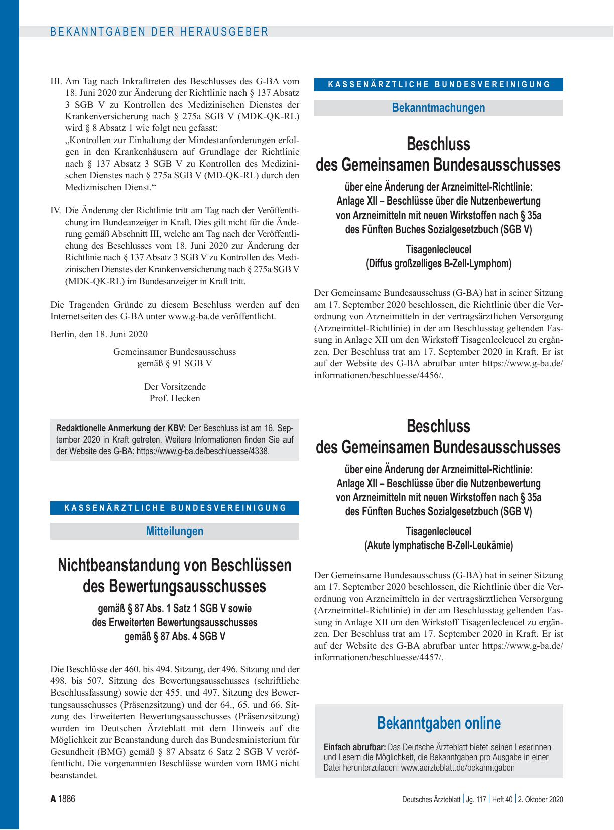 Vorschauseite 1: Beschluss des Gemeinsamen Bundesausschusses über eine Änderung der Arzneimittel-Richtlinie: Anlage XII – Tisagenlecleucel (Diffus großzelliges B-Zell-Lymphom)