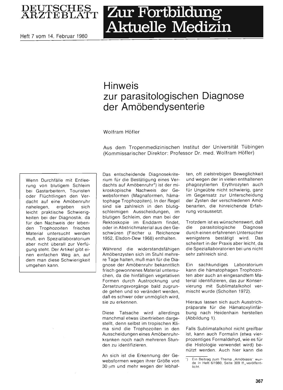 Vorschauseite 1: Hinweis zur parasitologischen Diagnose der Amöbendysenterie
