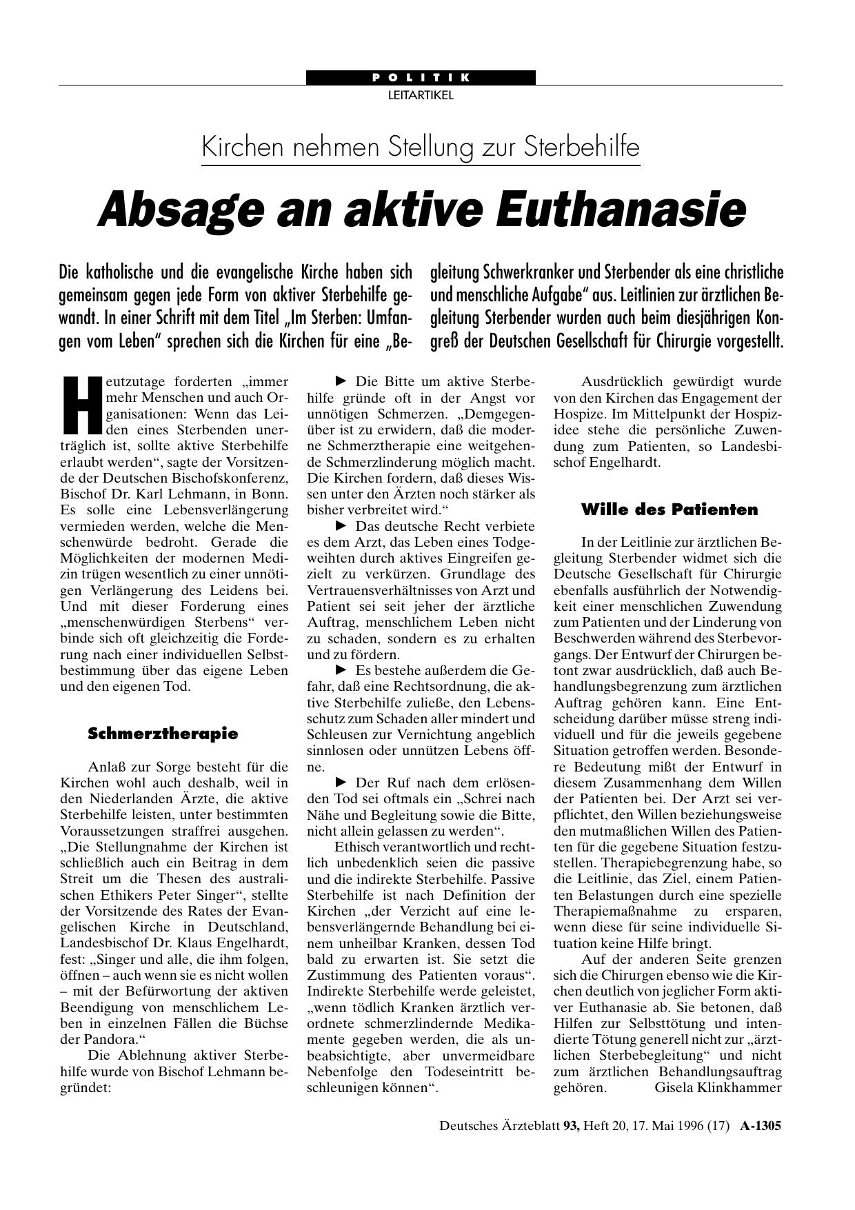 Vorschauseite 1: Kirchen nehmen Stellung zur Sterbehilfe: Absage an aktive Euthanasie