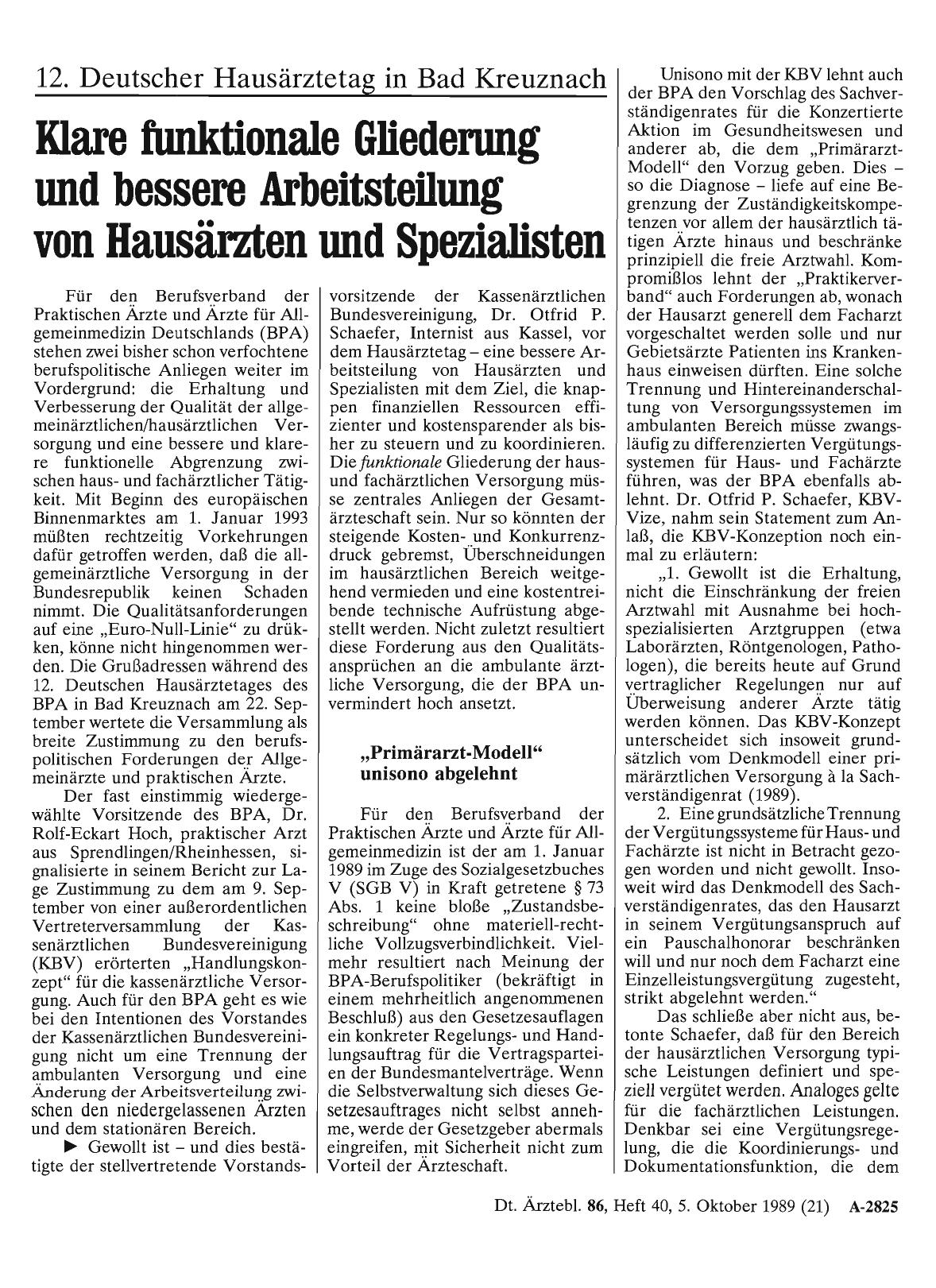 Vorschauseite 1: 12. Deutscher Hausärztetag in Bad Kreuznach: Klare funktionale GHederung und bessere Arbeitstellung von Hausärzten und Spezialisten