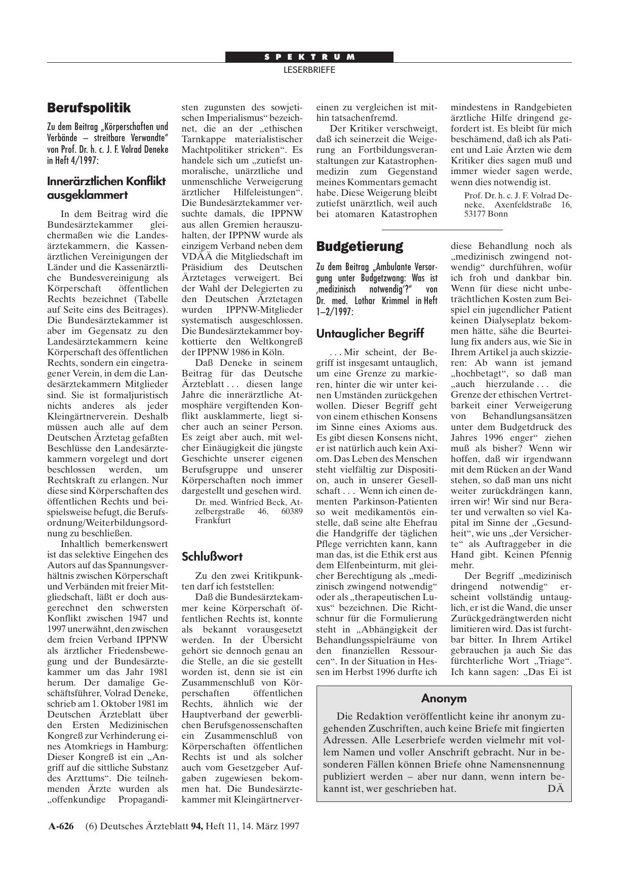 Vorschauseite 1: Berufspolitik: Innerärztlichen Konflikt ausgeklammert