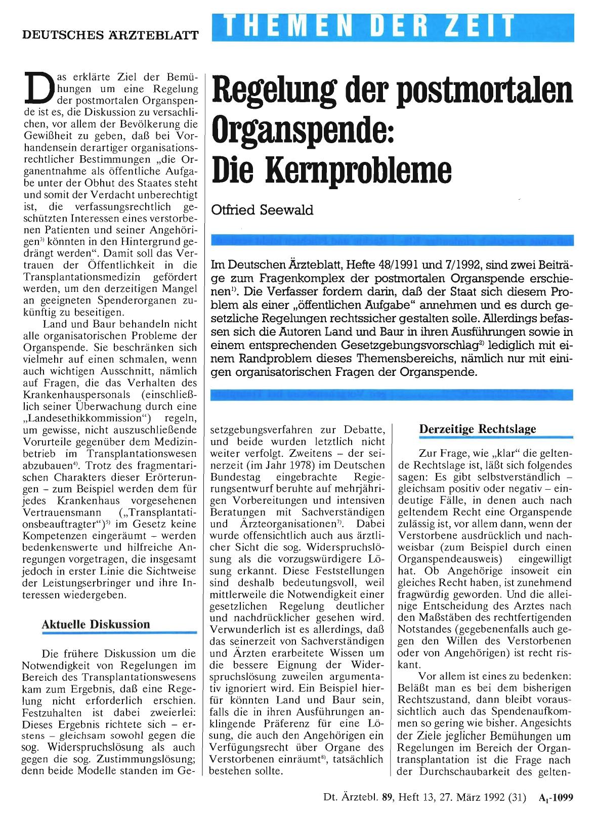 Vorschauseite 1: Regelung der postmortalen Organspende: Die Kernprobleme