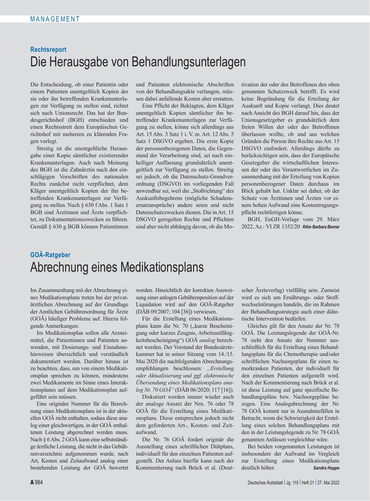 Vorschauseite 1: Rechtsreport: Die Herausgabe von Behandlungsunterlagen