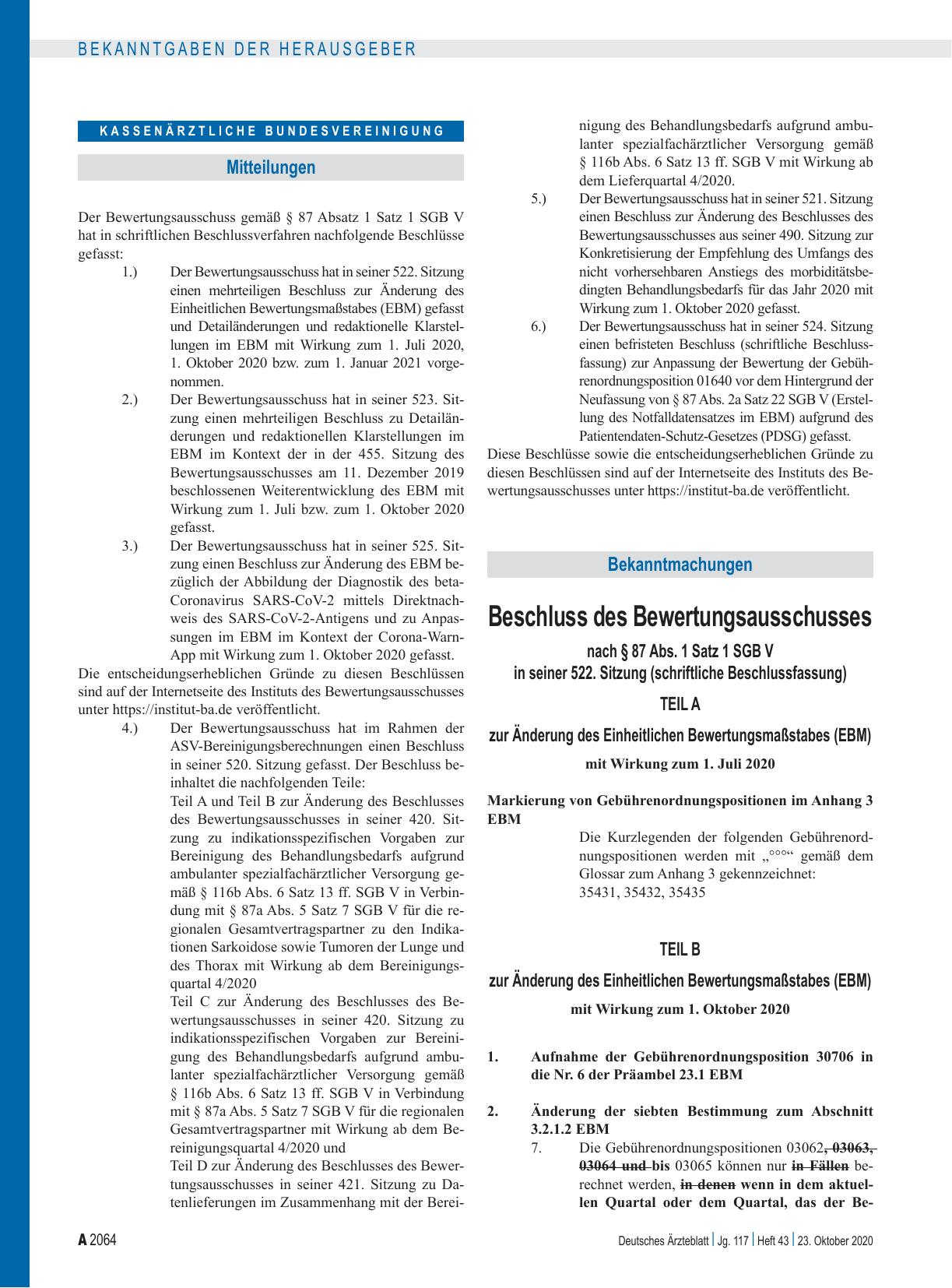 Vorschauseite 1: Beschluss des Bewertungsausschusses nach § 87 Abs. 1 Satz 1 SGB V in seiner 522. Sitzung (schriftliche Beschlussfassung)