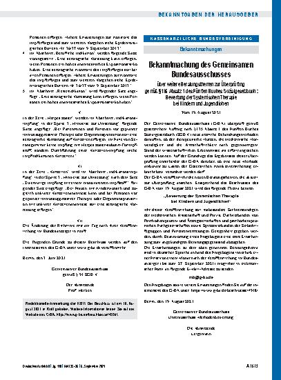 Vorschauseite 1: Bekanntmachung des Gemeinsamen Bundesausschusses über weitere Beratungsthemen zur Überprüfung gemäß § 135 Absatz 1 des Fünften Buches Sozialgesetzbuch: Bewertung der Systemischen…