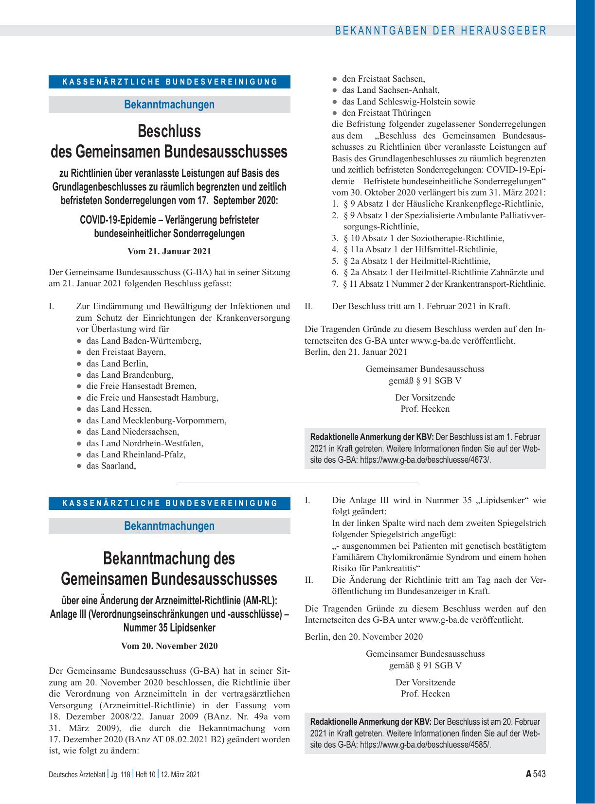 Vorschauseite 1: Beschluss des Gemeinsamen Bundesausschusses zu Richtlinien über veranlasste Leistungen auf Basis des Grundlagenbeschlusses zu räumlich begrenzten und zeitlich befristeten Sonderre…