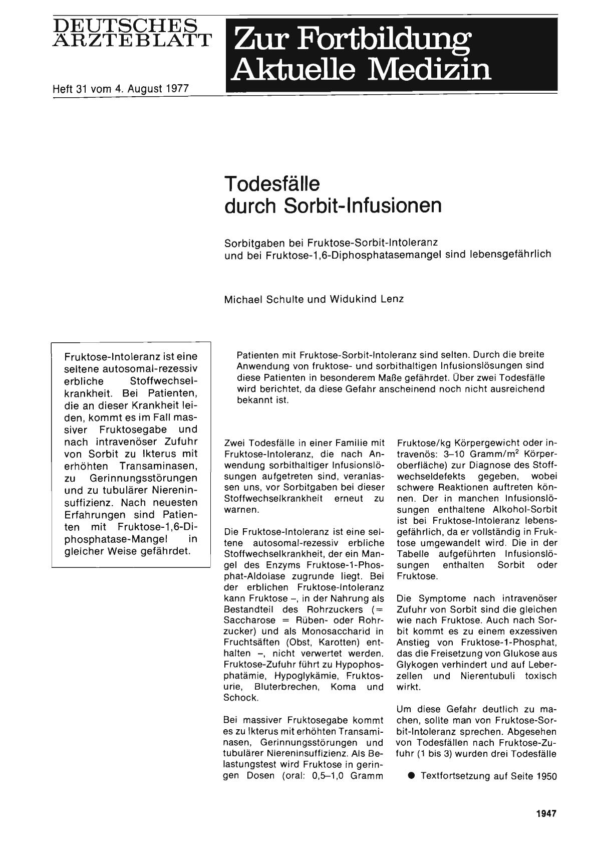 Vorschauseite 1: Todesfälle durch Sorbit-Infusionen: Sorbitgaben bei Fruktose-Sorbit-Intoleranz und bei Fruktose-1, 6-Diphosphatasemangel sind lebensgefährlich