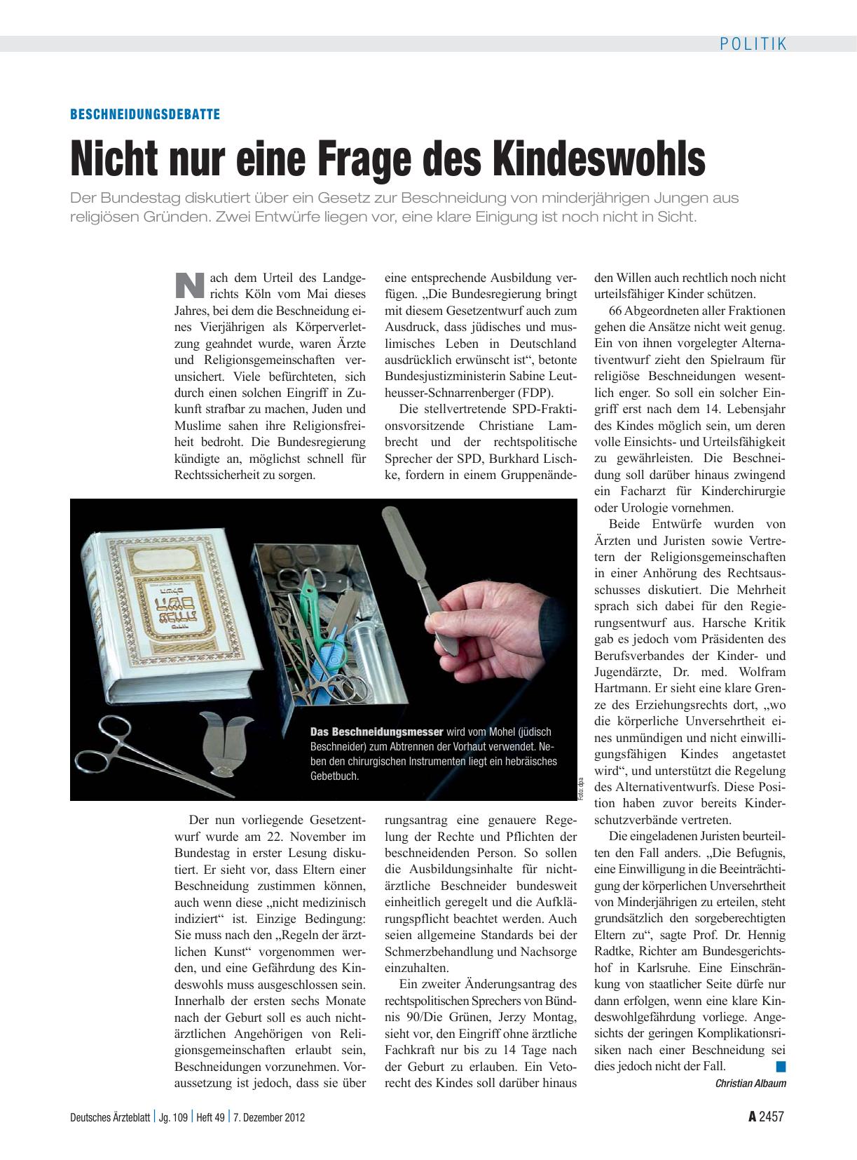 Vorschauseite 1: Beschneidungsdebatte: Nicht nur eine Frage des Kindeswohls