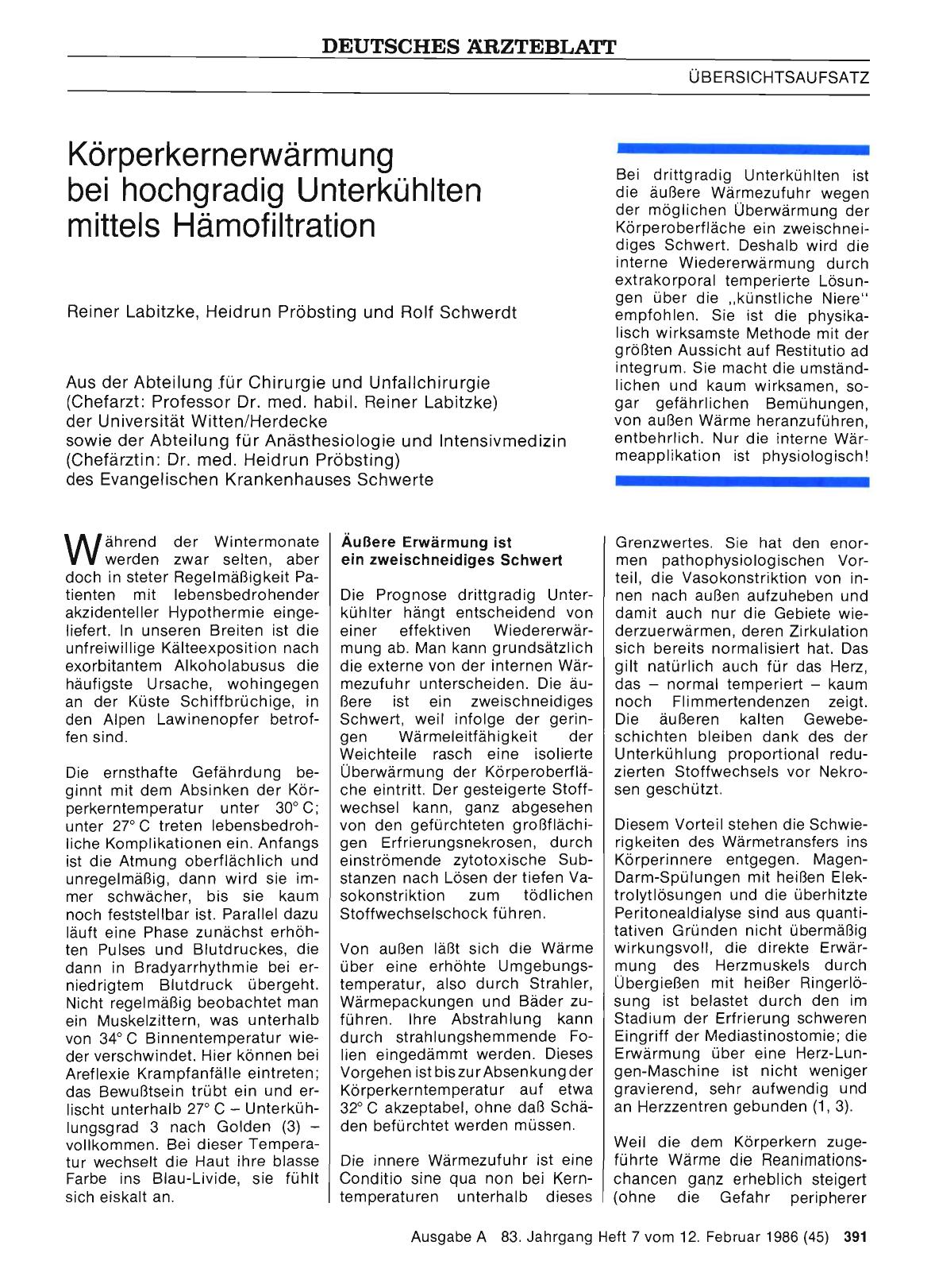 Vorschauseite 1: Körperkernerwärmung bei hochgradig Unterkühlten mittels Hämofiltration