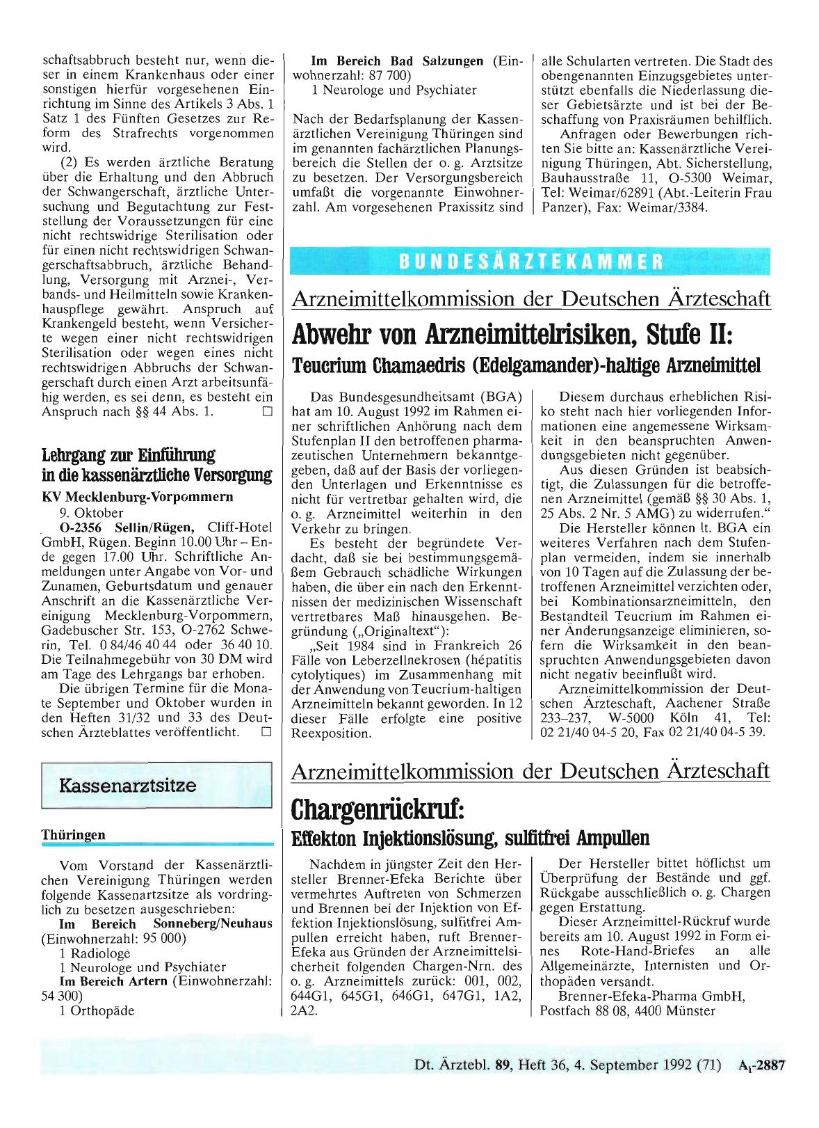 Vorschauseite 1: Arzneimittelkommission der Deutschen Ärzteschaft: Abwehr von Arzneimittelrisiken, Stufe II: Teucrium Chamaedris (Edelgamander)-haltige Arzneimittel