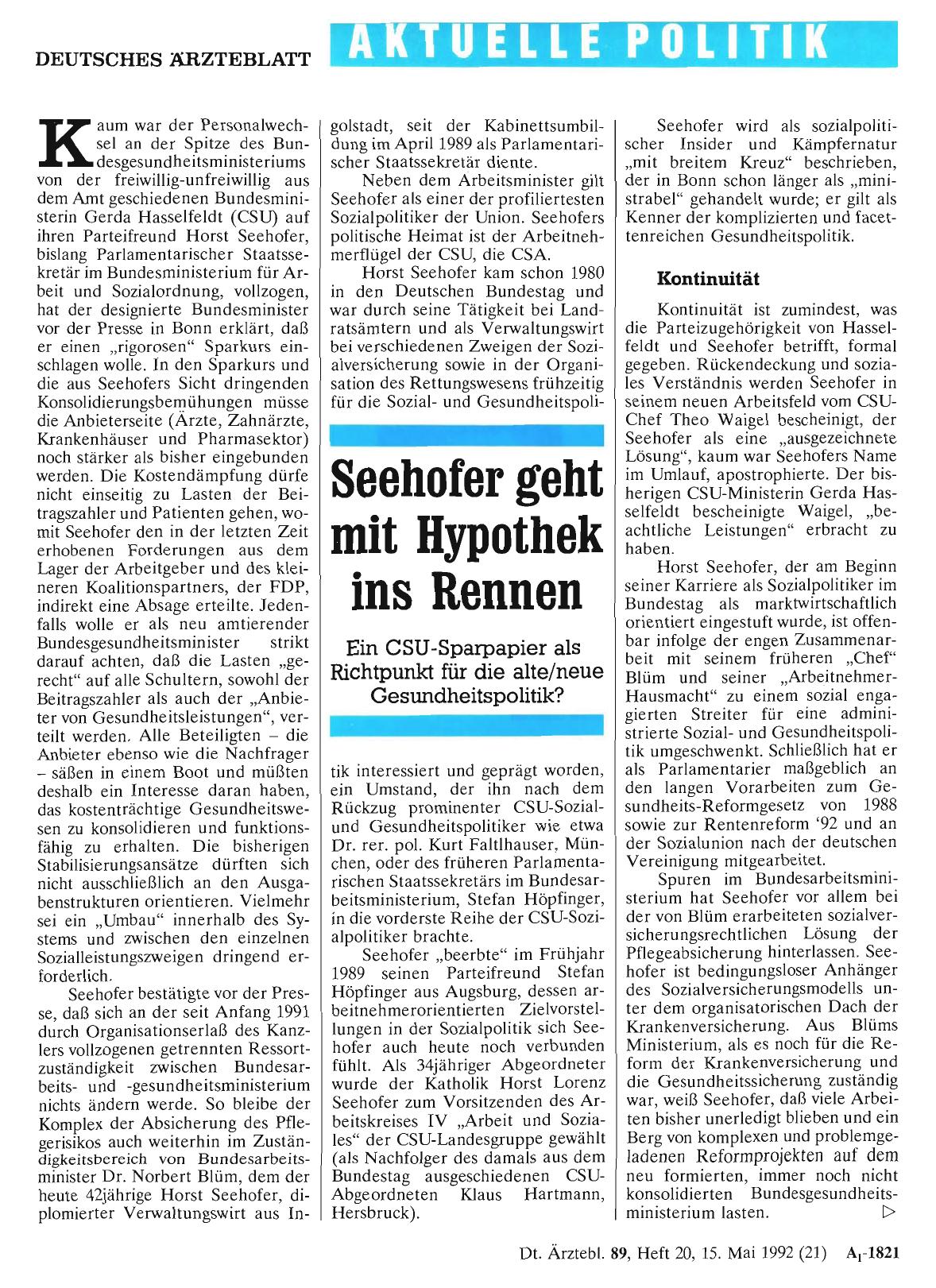 Vorschauseite 1: Seehofer geht mit Hypothek ins Rennen