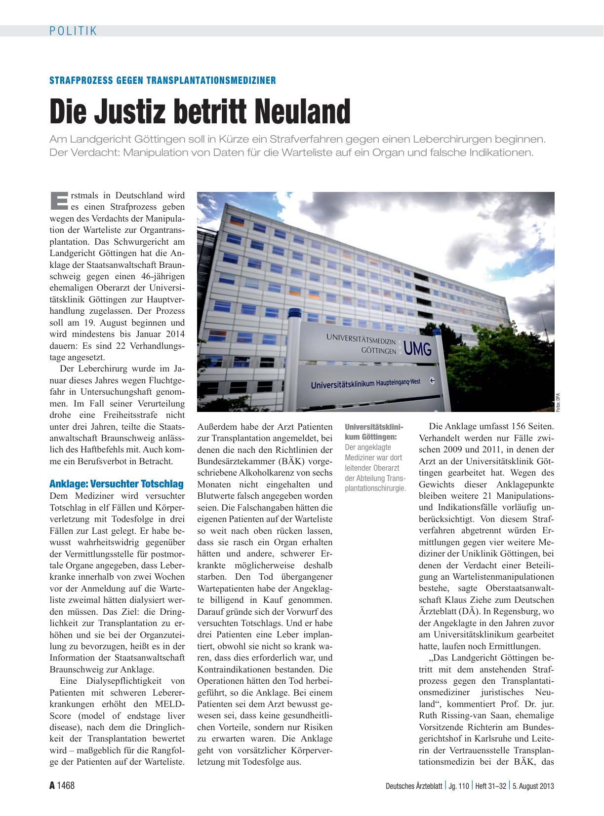 Vorschauseite 1: Strafprozess gegen Transplantationsmediziner: Die Justiz betritt Neuland