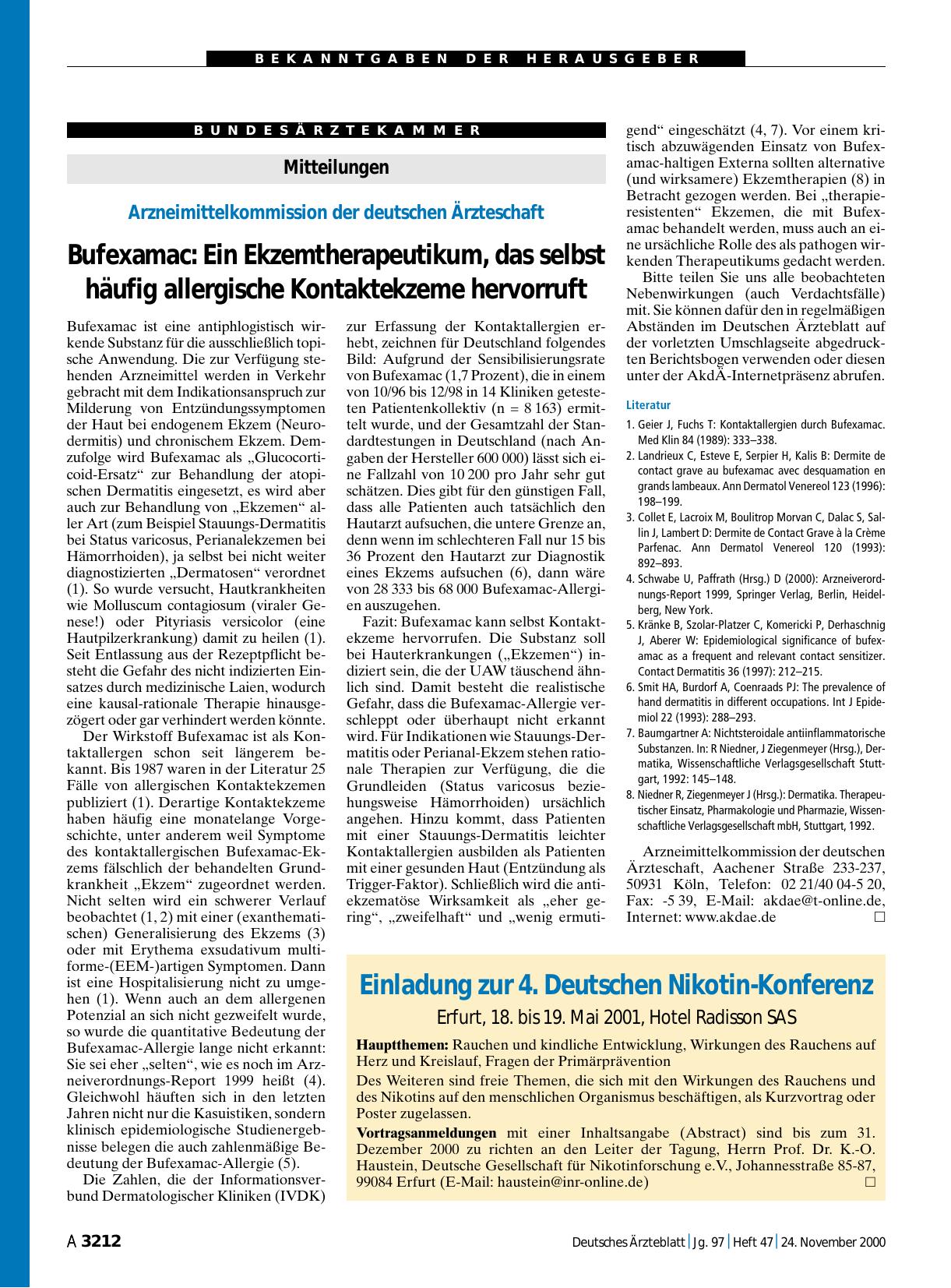 Vorschauseite 1: Arzneimittelkommission der deutschen Ärzteschaft: Bufexamac – Ein Ekzemtherapeutikum, das selbst häufig allergische Kontaktekzeme hervorruft
