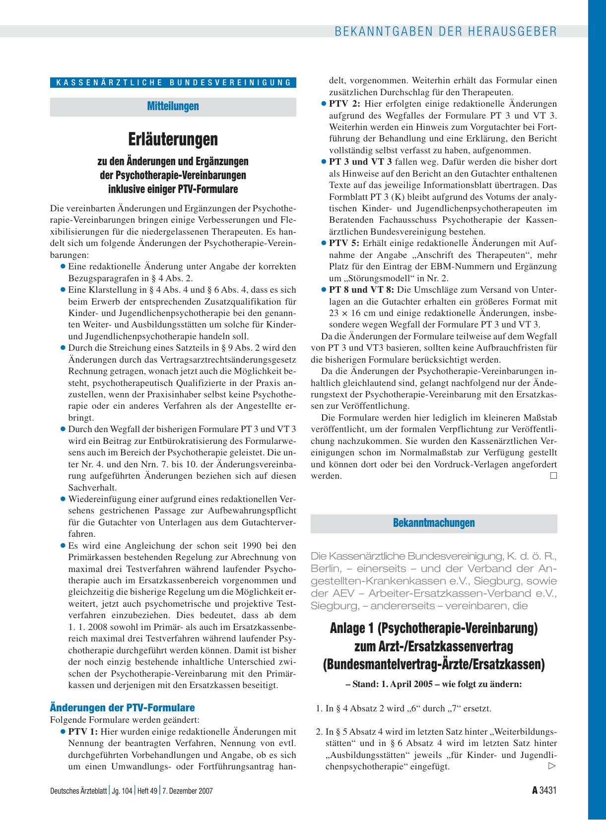 Vorschauseite 1: Mitteilungen: Erläuterungen zu den Änderungen und Ergänzungen der Psychotherapie-Vereinbarungen inklusive einiger PTV-Formulare