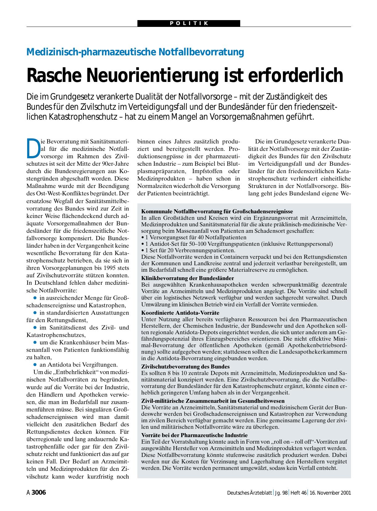 Vorschauseite 1: Medizinisch-pharmazeutische Notfallbevorratung: Rasche Neuorientierung ist erforderlich
