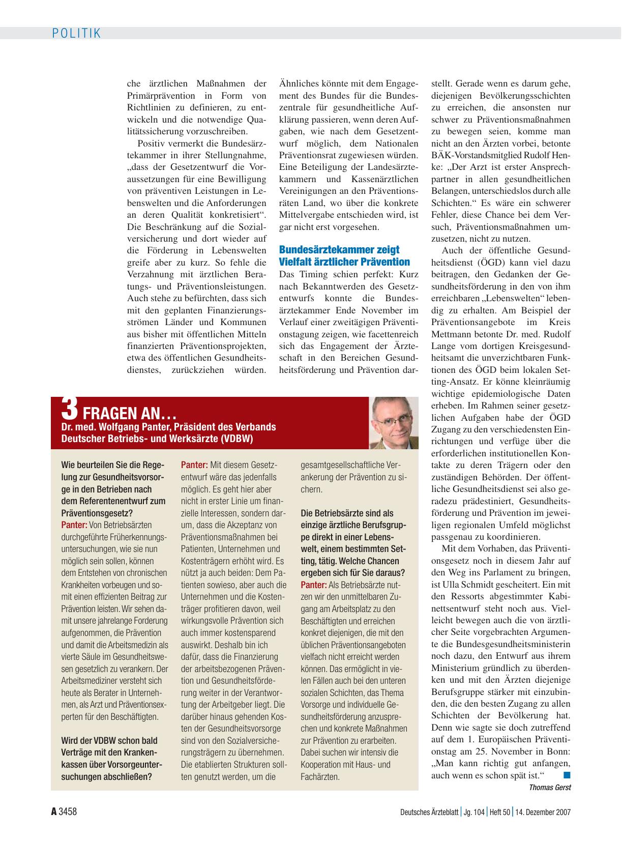 Vorschauseite 1: 3 Fragen an. .. Dr. med. Wolfgang Panter, Präsident des Verbands Deutscher Betriebsund Werksärzte (VDBW)