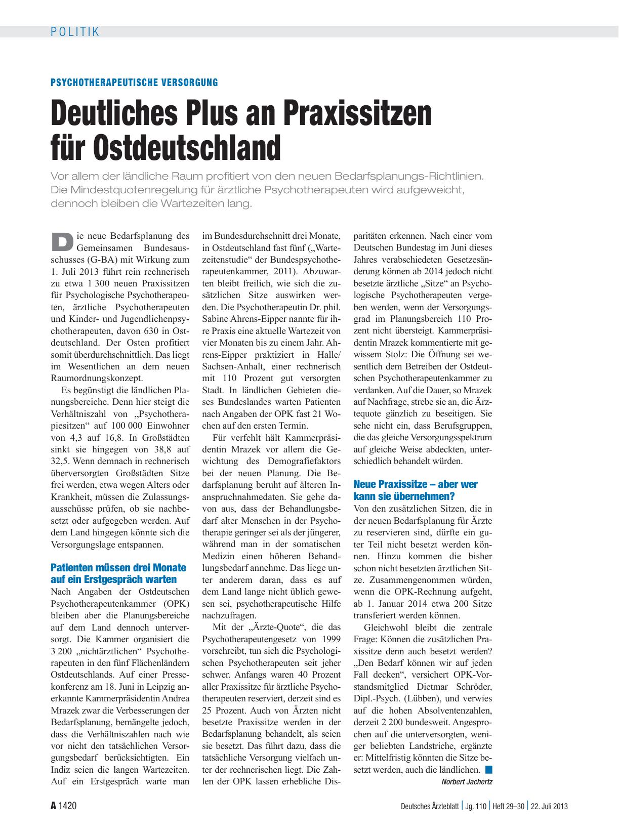 Vorschauseite 1: Psychotherapeutische Versorgung: Deutliches Plus an Praxissitzen für Ostdeutschland