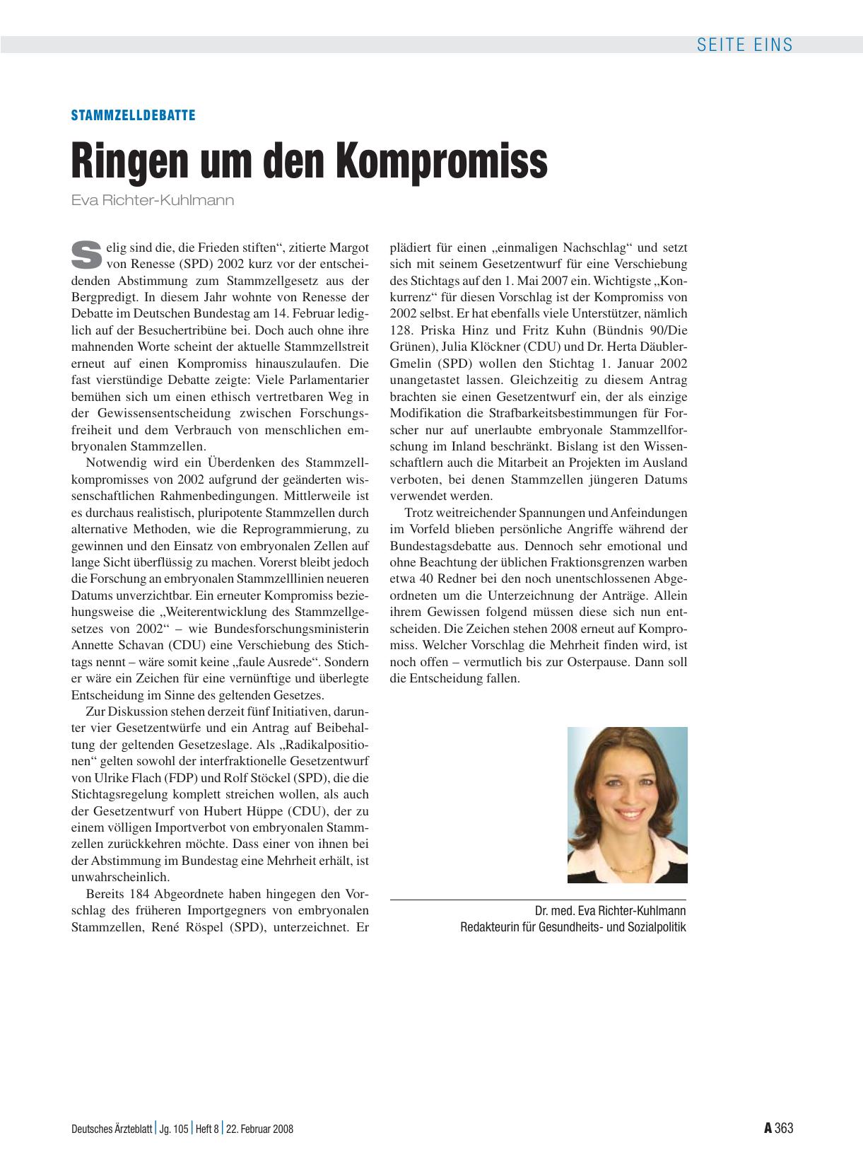 Vorschauseite 1: Stammzelldebatte: Ringen um den Kompromiss