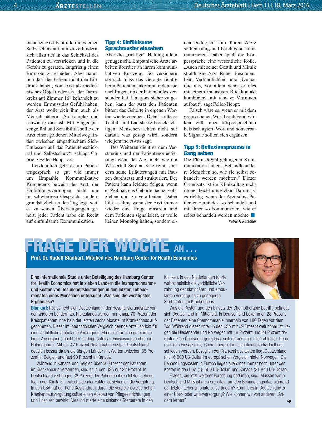 Vorschauseite 1: Frage der Woche an. .. Prof. Dr. Rudolf Blankart, Mitglied des Hamburg Center for Health Economics