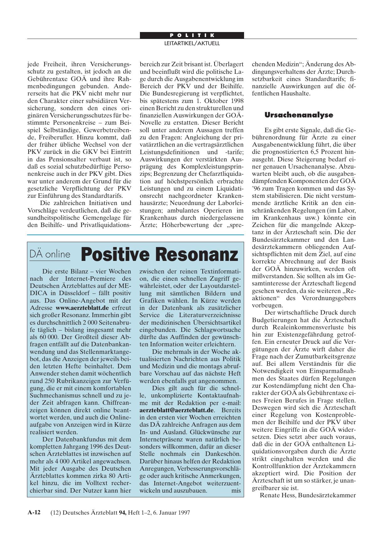 Vorschauseite 1: DÄ online: Positive Resonanz