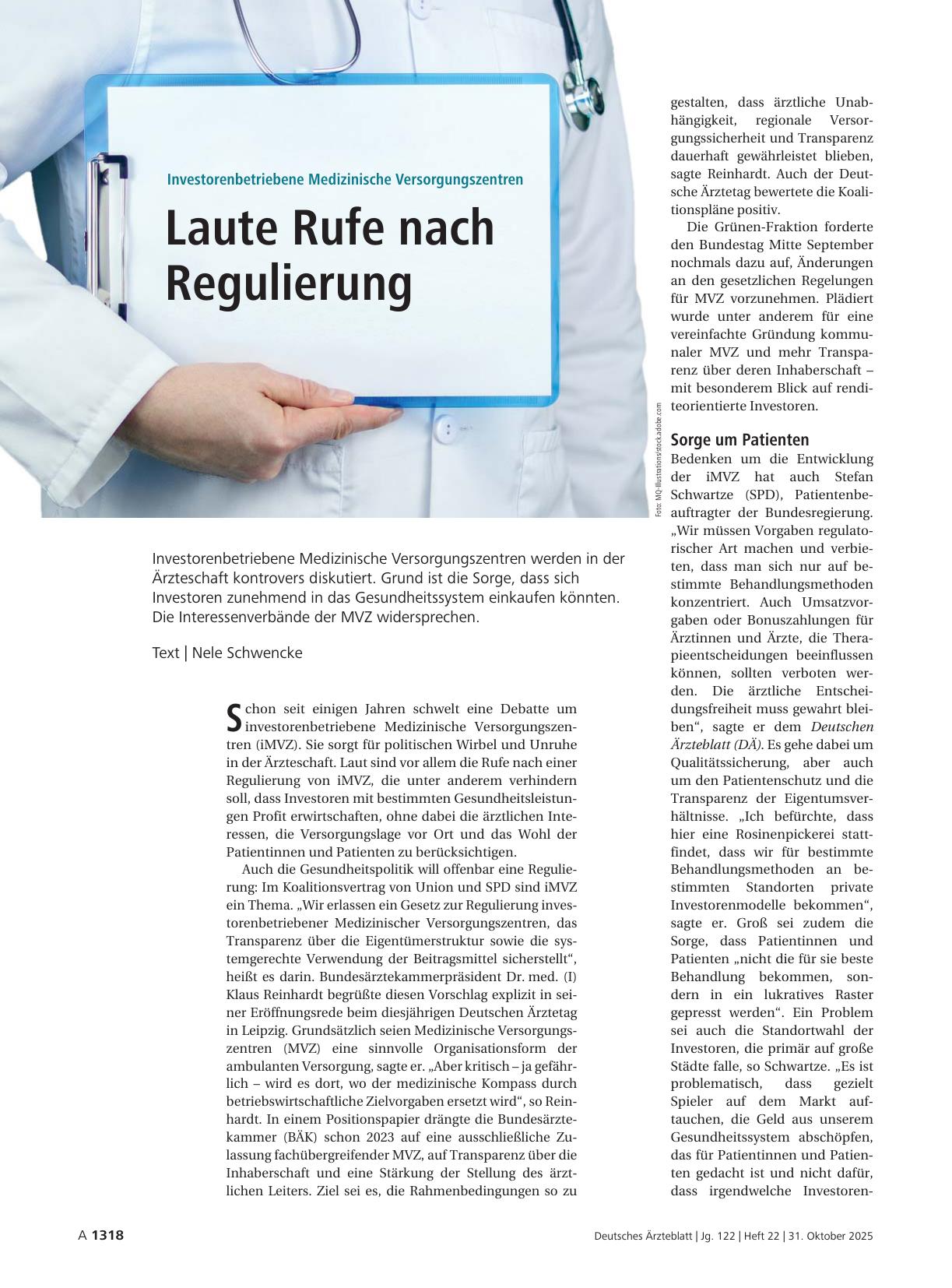Vorschauseite 1: Investorenbetriebene Medizinische Versorgungszentren: Laute Rufe nach Regulierung