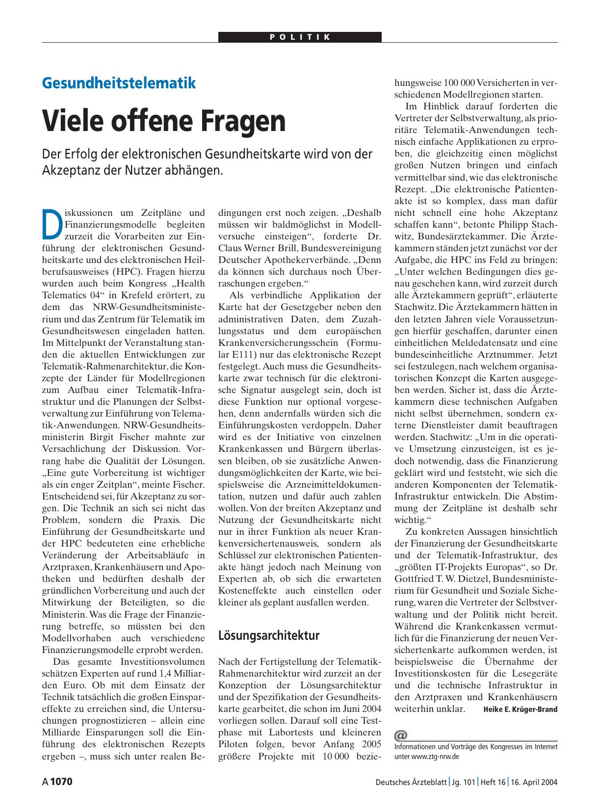 Vorschauseite 1: Gesundheitstelematik: Viele offene Fragen
