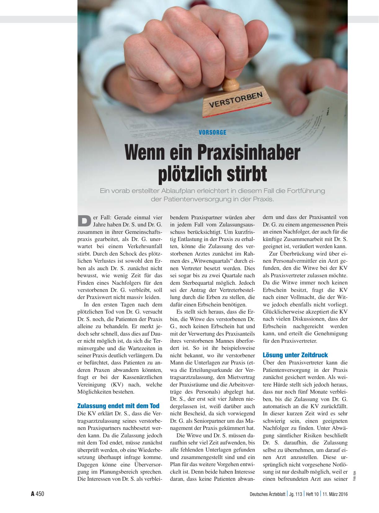 Vorschauseite 1: Vorsorge: Wenn ein Praxisinhaber plötzlich stirbt