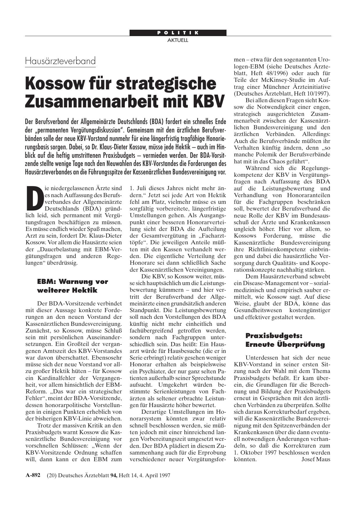 Vorschauseite 1: Hausärzteverband: Kossow für strategische Zusammenarbeit mit KBV
