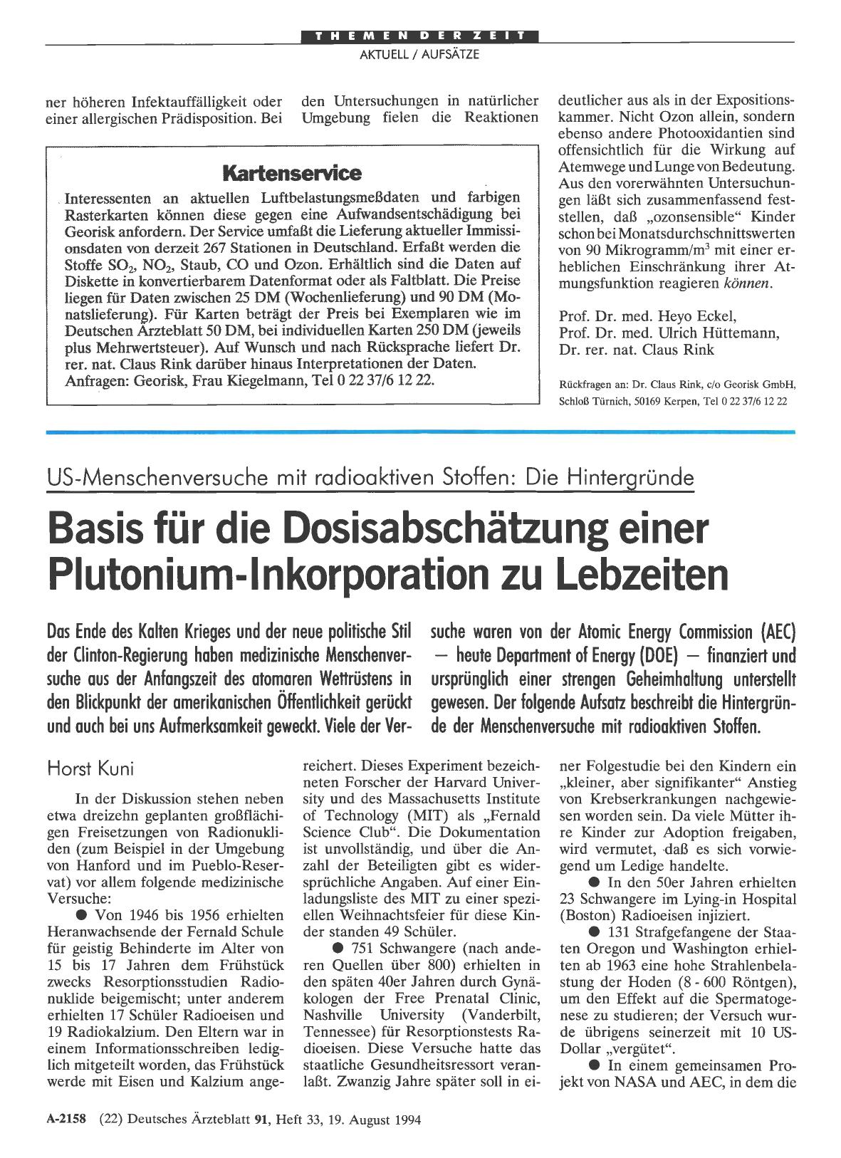 Vorschauseite 1: US-Menschenversuche mit radioaktiven Stoffen: Die Hintergründe Basis für die Dosisabschätzung einer Plutonium-Inkorporation zu Lebzeiten