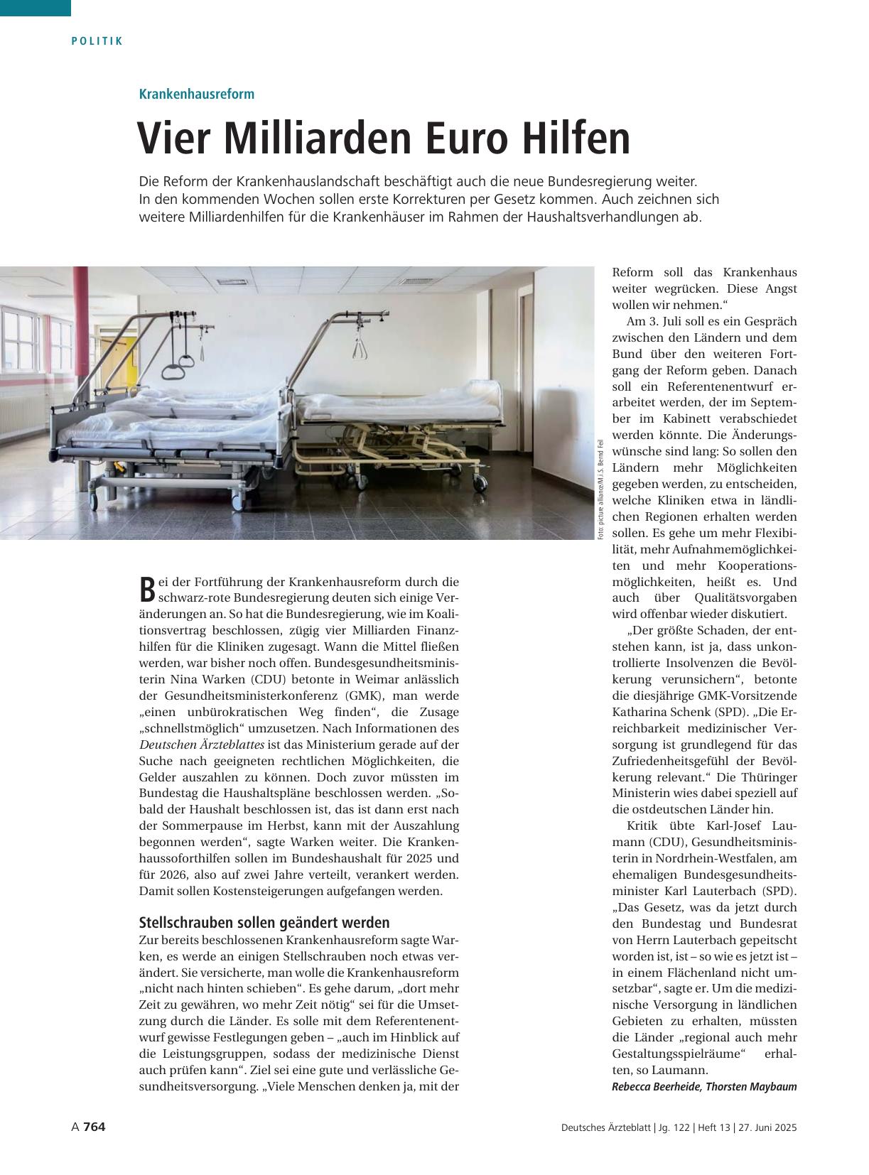 Vorschauseite 1: Krankenhausreform: Vier Milliarden Euro Hilfen