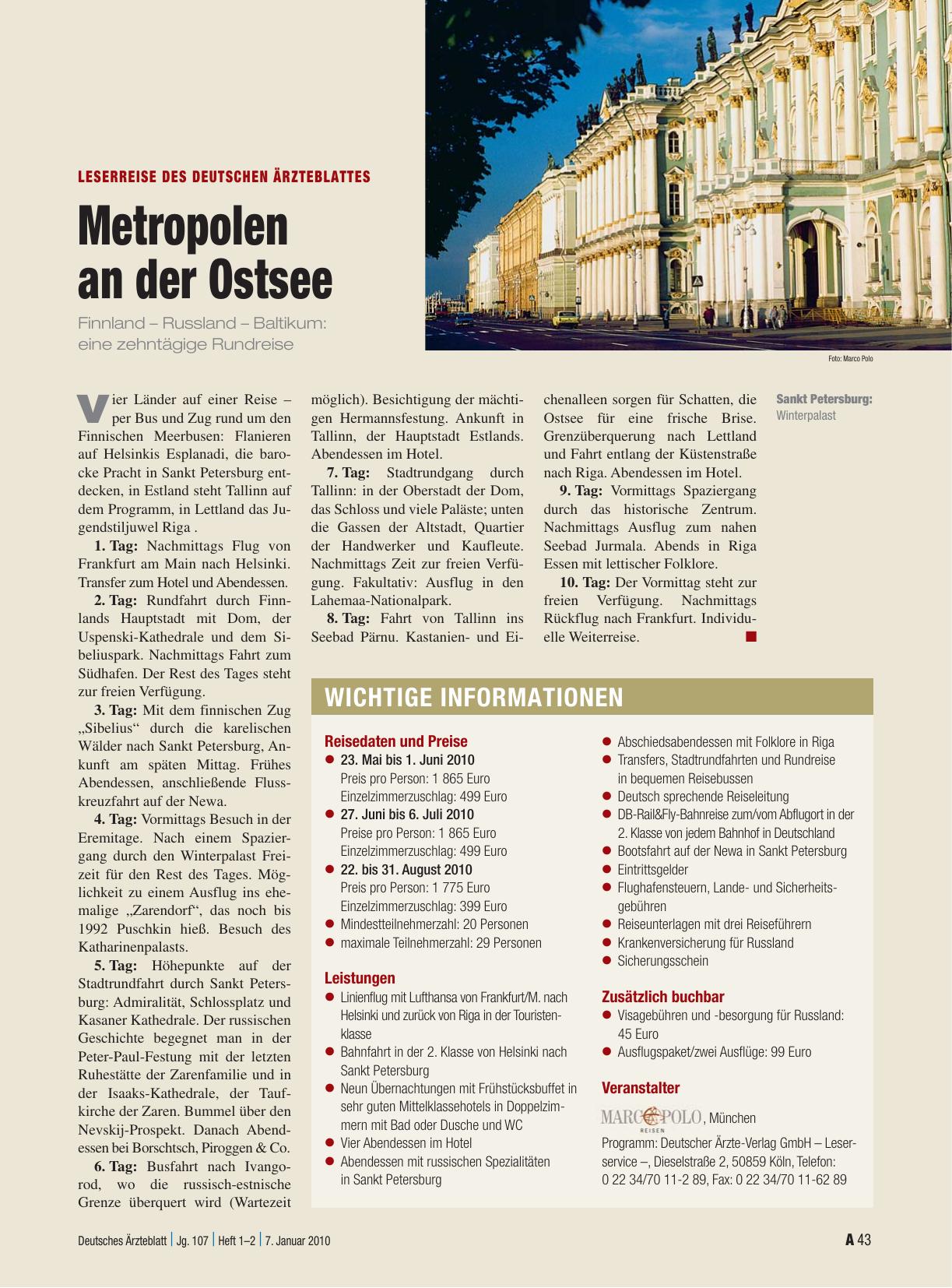 Vorschauseite 1: Leserreise des Deutschen Ärzteblattes: Metropolen an der Ostsee