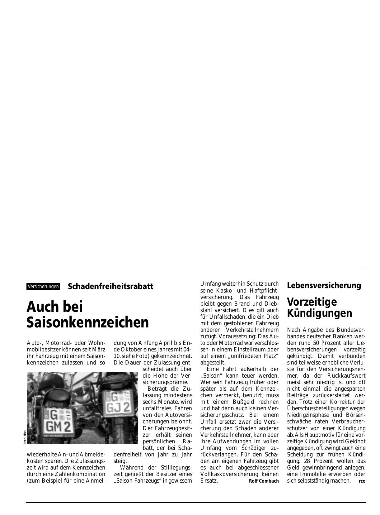 Vorschauseite 1: Schadenfreiheitsrabatt: Auch bei Saisonkennzeichen