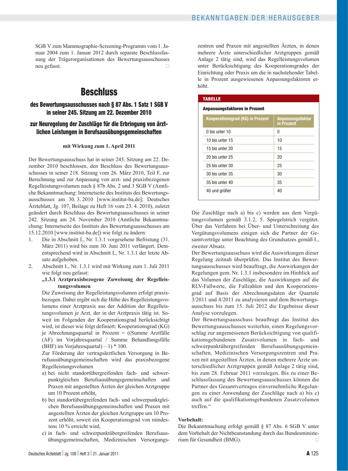 Vorschauseite 1: Beschluss des Bewertungsausschusses nach § 87 Abs. 1 Satz 1 SGB V in seiner 245. Sitzung am 22. Dezember 2010 zur Neuregelung der Zuschläge für die Erbringung von ärztlichen Leist…