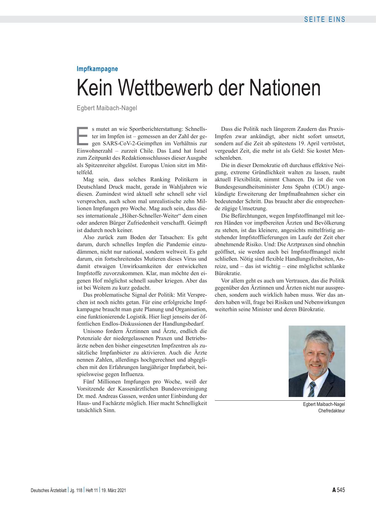 Vorschauseite 1: Impfkampagne: Kein Wettbewerb der Nationen