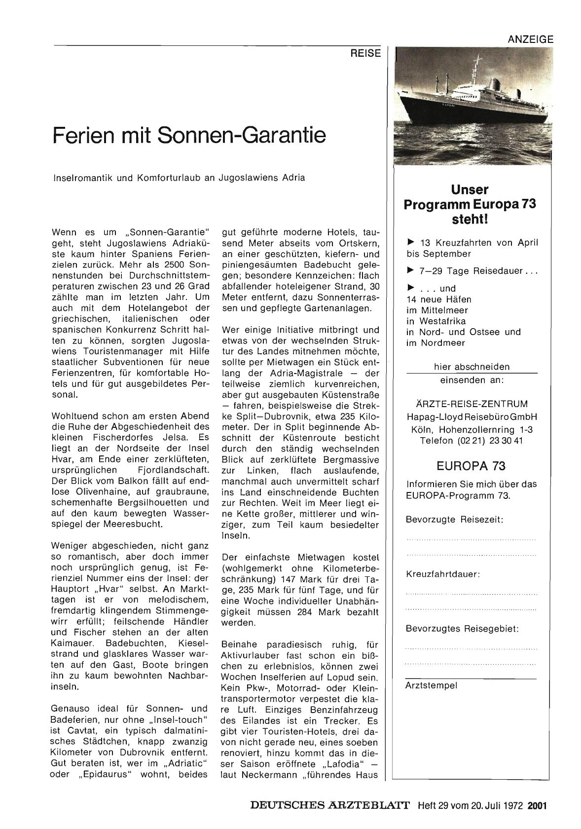 Vorschauseite 1: Ferien mit Sonnen-Garantie: Inselromantik und Komforturlaub an Jugoslawiens Adria
