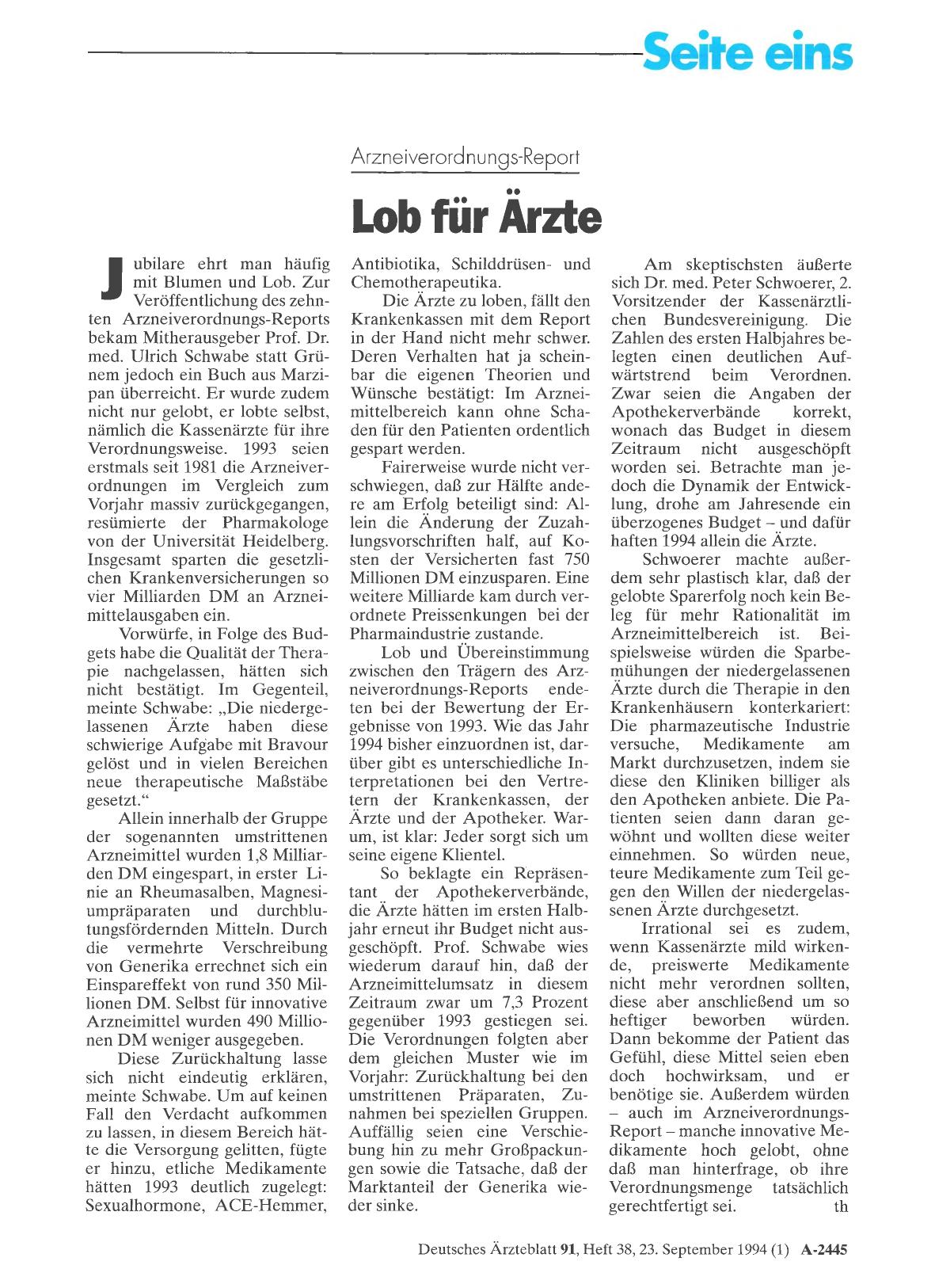 Vorschauseite 1: Arzneiverordnungs-Report: : Lob für Arzte