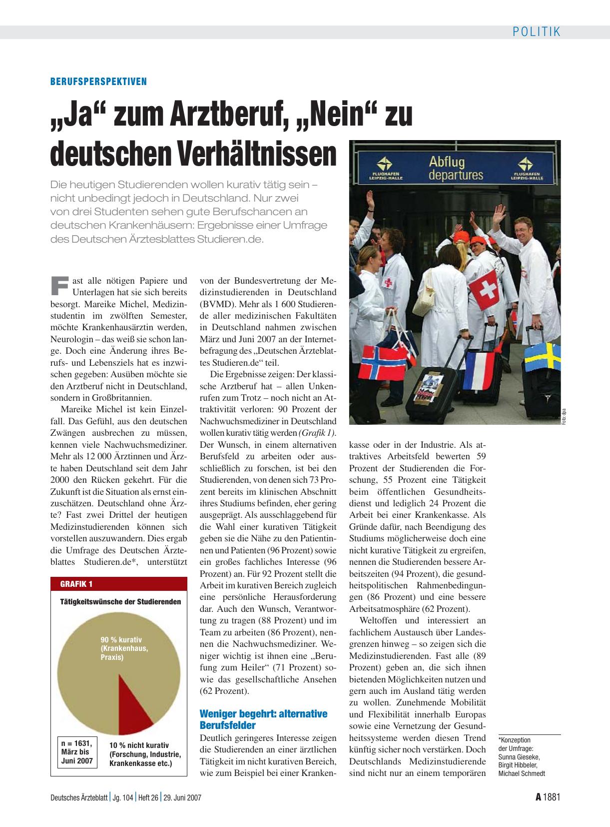 Vorschauseite 1: Berufsperspektiven: „Ja“ zum Arztberuf, „Nein“ zu deutschen Verhältnissen