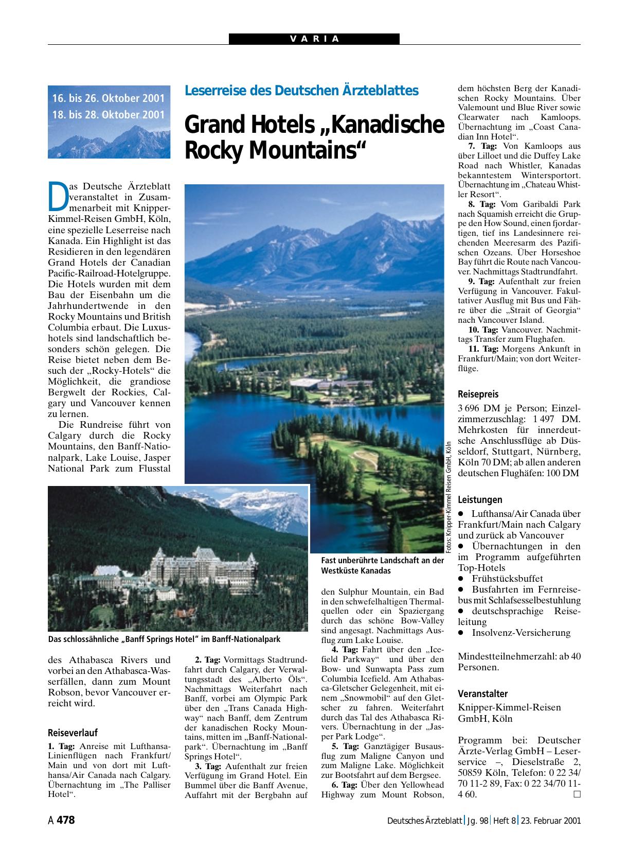 Vorschauseite 1: Leserreise des Deutschen Ärzteblattes: Grand Hotels „Kanadische Rocky Mountains“